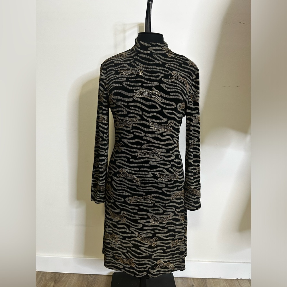◾️Vintage Joseph Ribkoff Creations Black Gold Tigers Print Stretch Dress